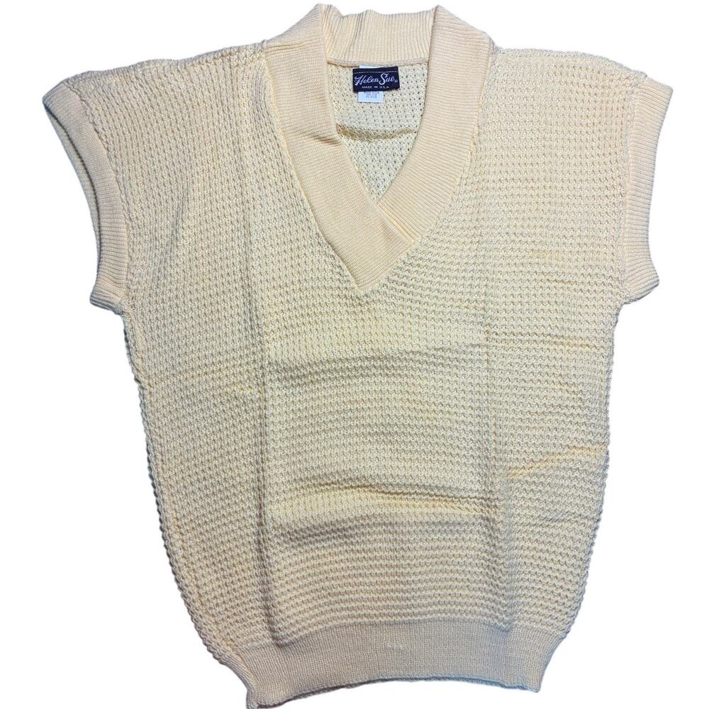 intage Helen Sue Yellow Knit Sweater Vest V Neck Made USA Acrylic Textured